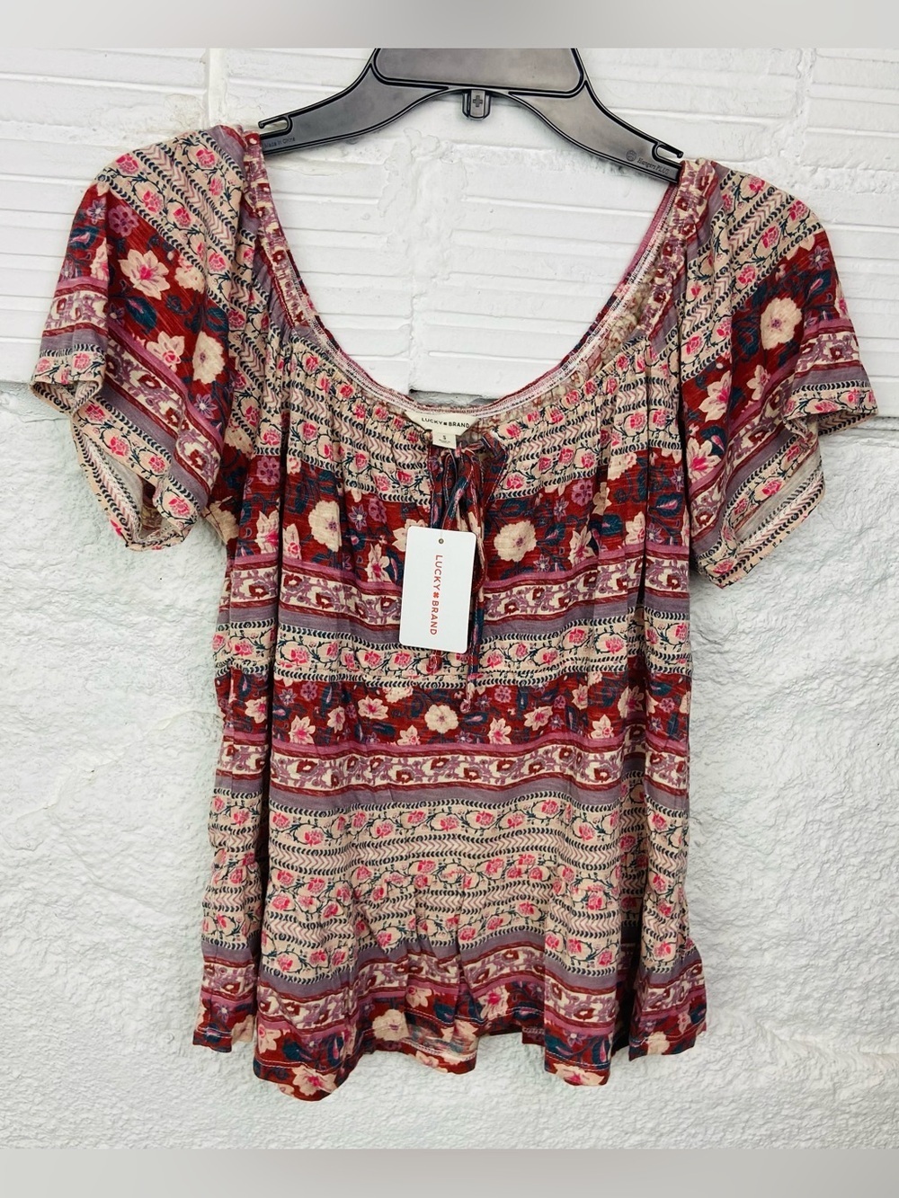 NWT Lucky Brand pink & cream cotton bohemian Floral Peasant Top size small - Picture 2 of 14